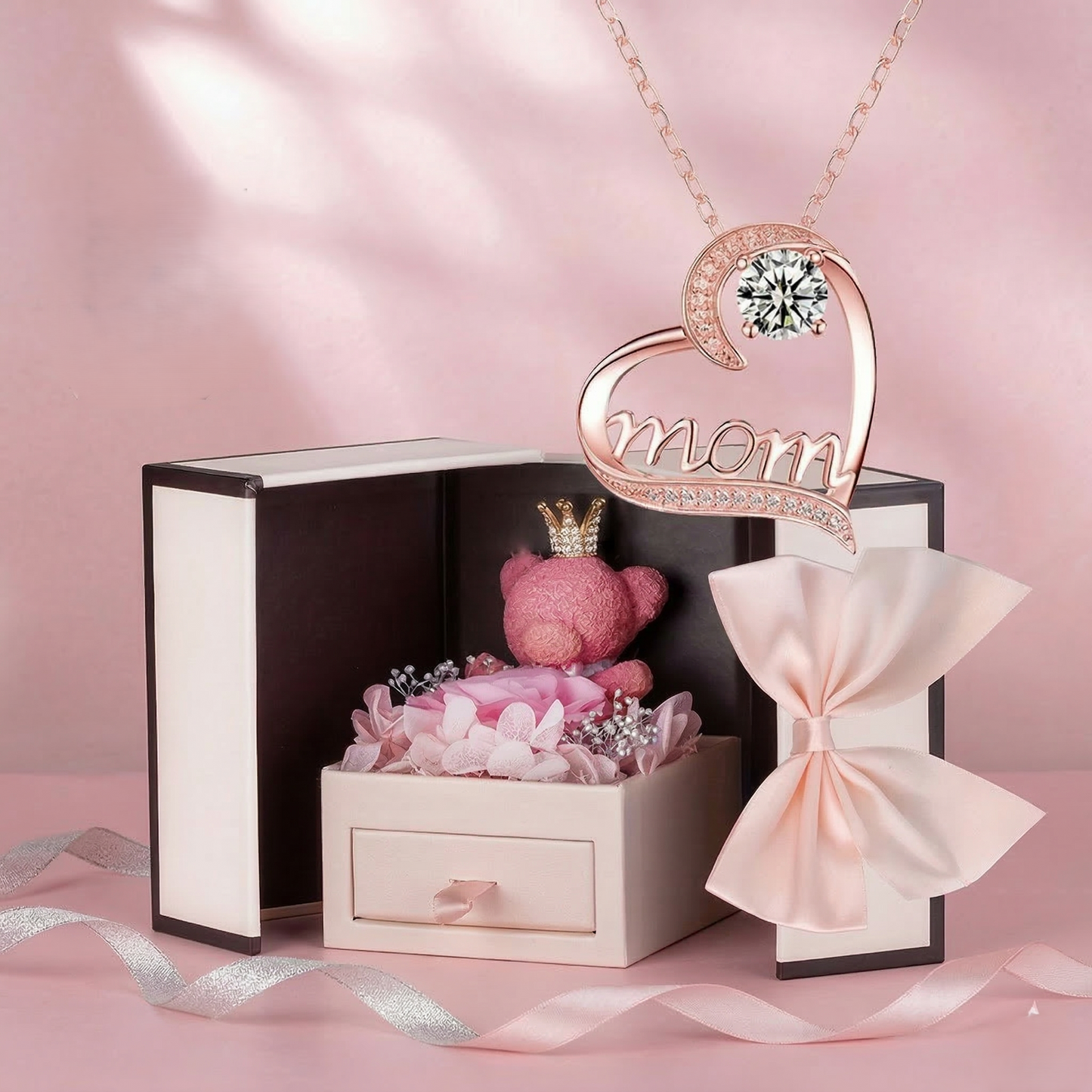 "Mom" Necklace with Premium Gift Box and Teddy Bear – Gift for Mom