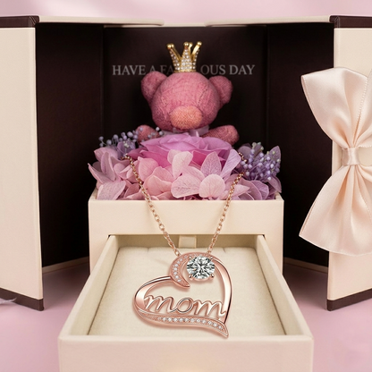 "Mom" Necklace with Premium Gift Box and Teddy Bear – Gift for Mom