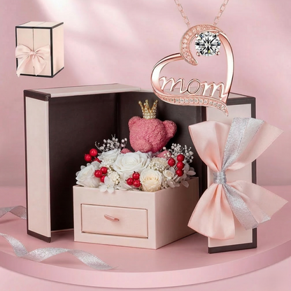 "Mom" Necklace with Premium Gift Box and Teddy Bear – Gift for Mom